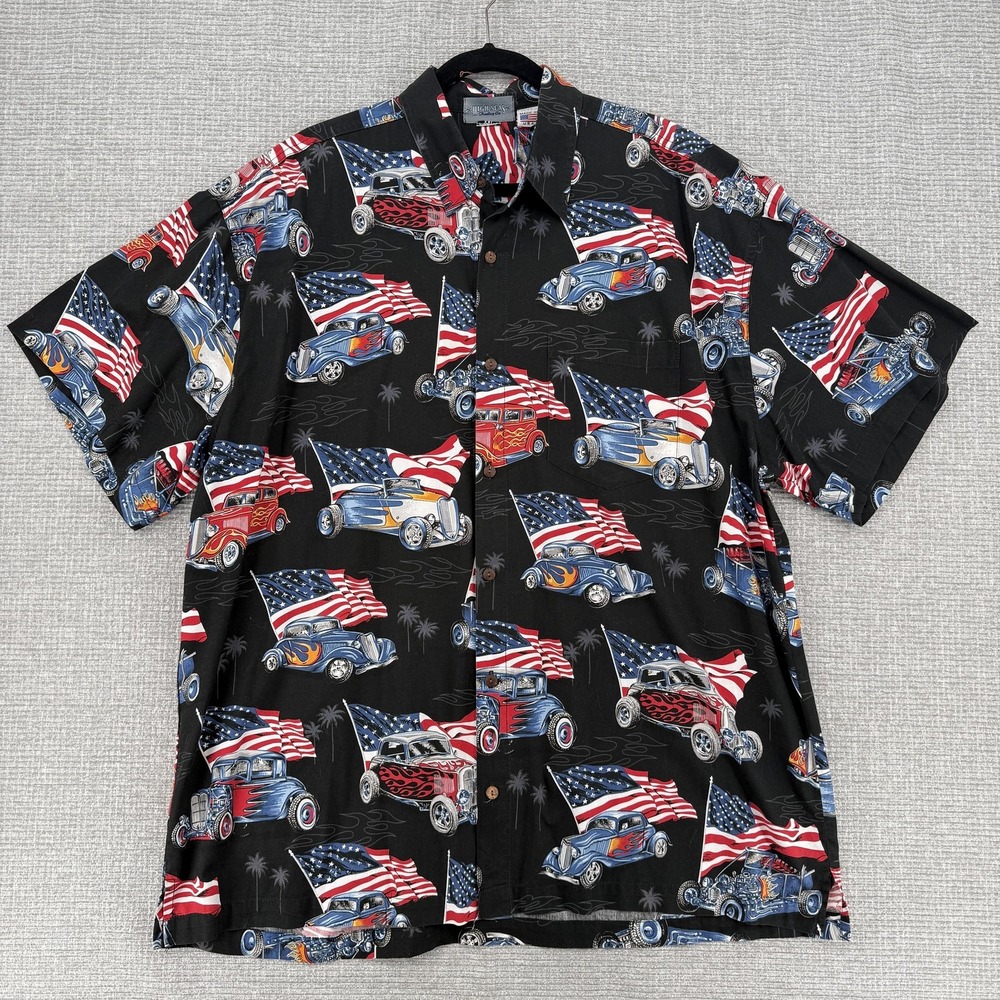High Seas Trading Co. Shirt‎ Mens 2XL Black Car Flag 4th July Cotton Button Up